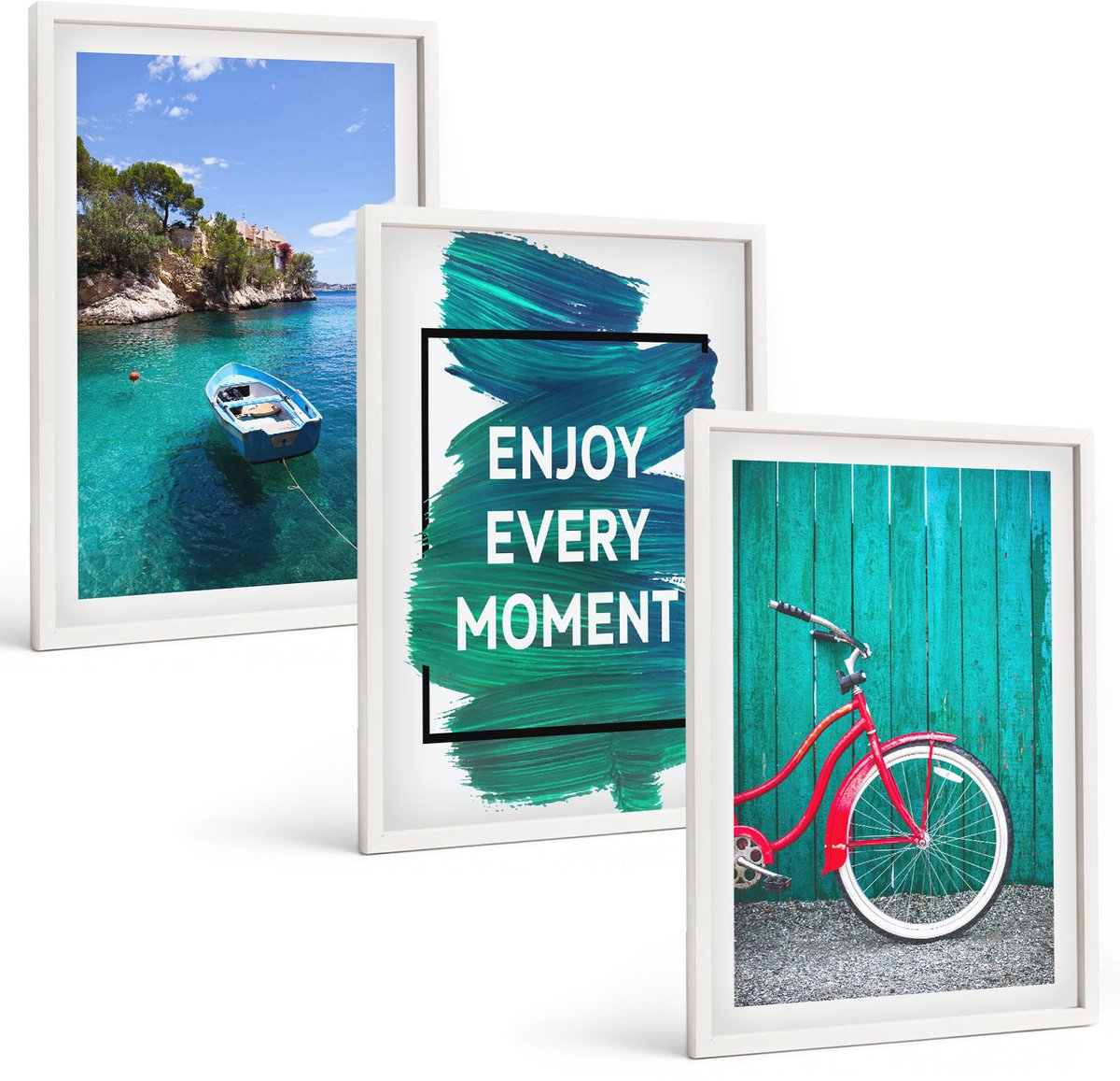 Wallfluent 3-Delige Schilderij Set - Zeezicht Met Boot En Fiets, Inspirerende Belettering - 40 x 60 - Decoratieve Muurdecoratie - Slaapkamer - Wanddecoratie