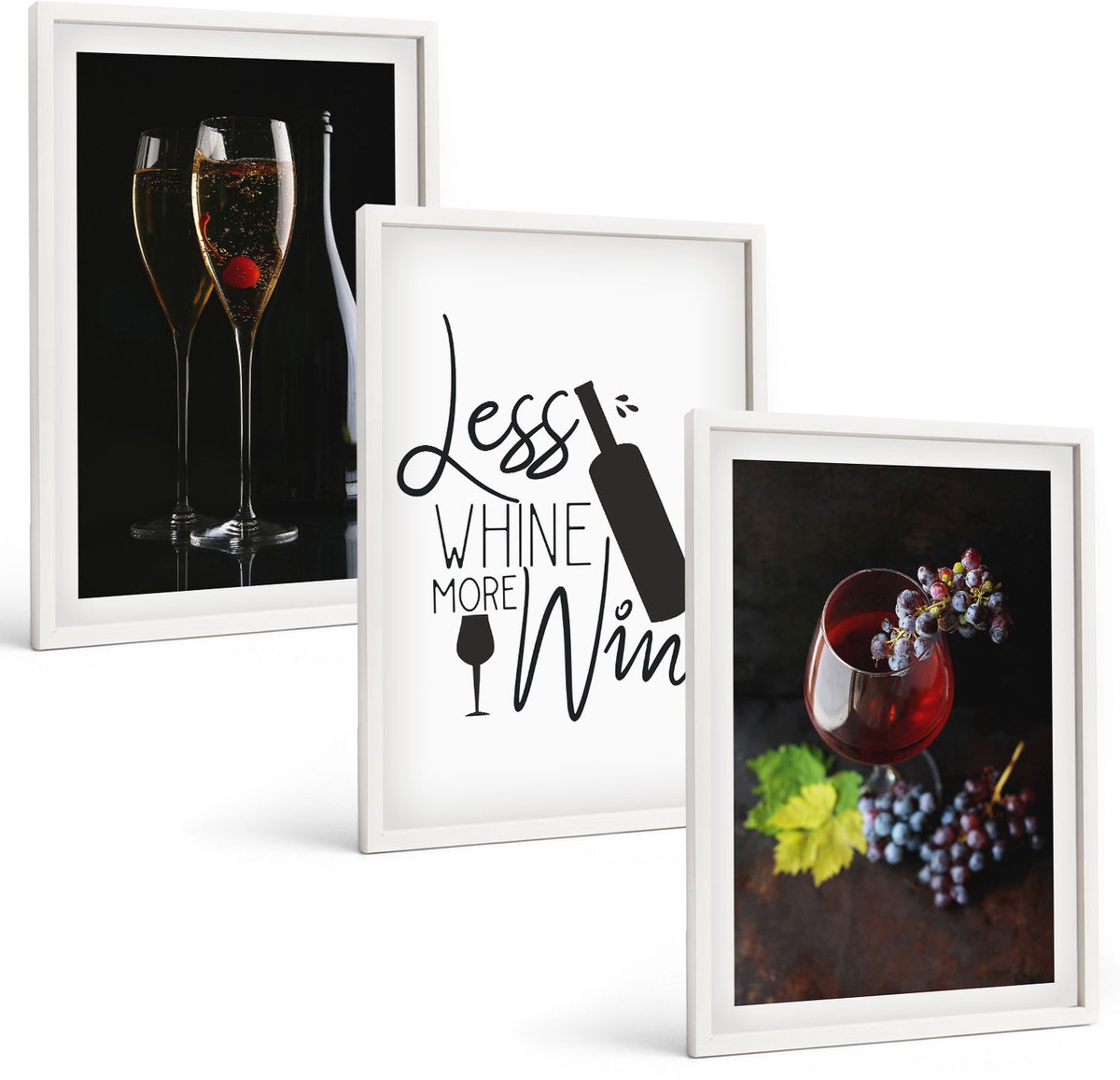 Wallfluent 3-Delige Schilderij Set - Wijnglazen Met Druiven En Een Opschrift Over Wijn. - 40 x 60 - Decoratieve Schilderijen - Woonkamer - Interieur - Moderne Wanddecoratie