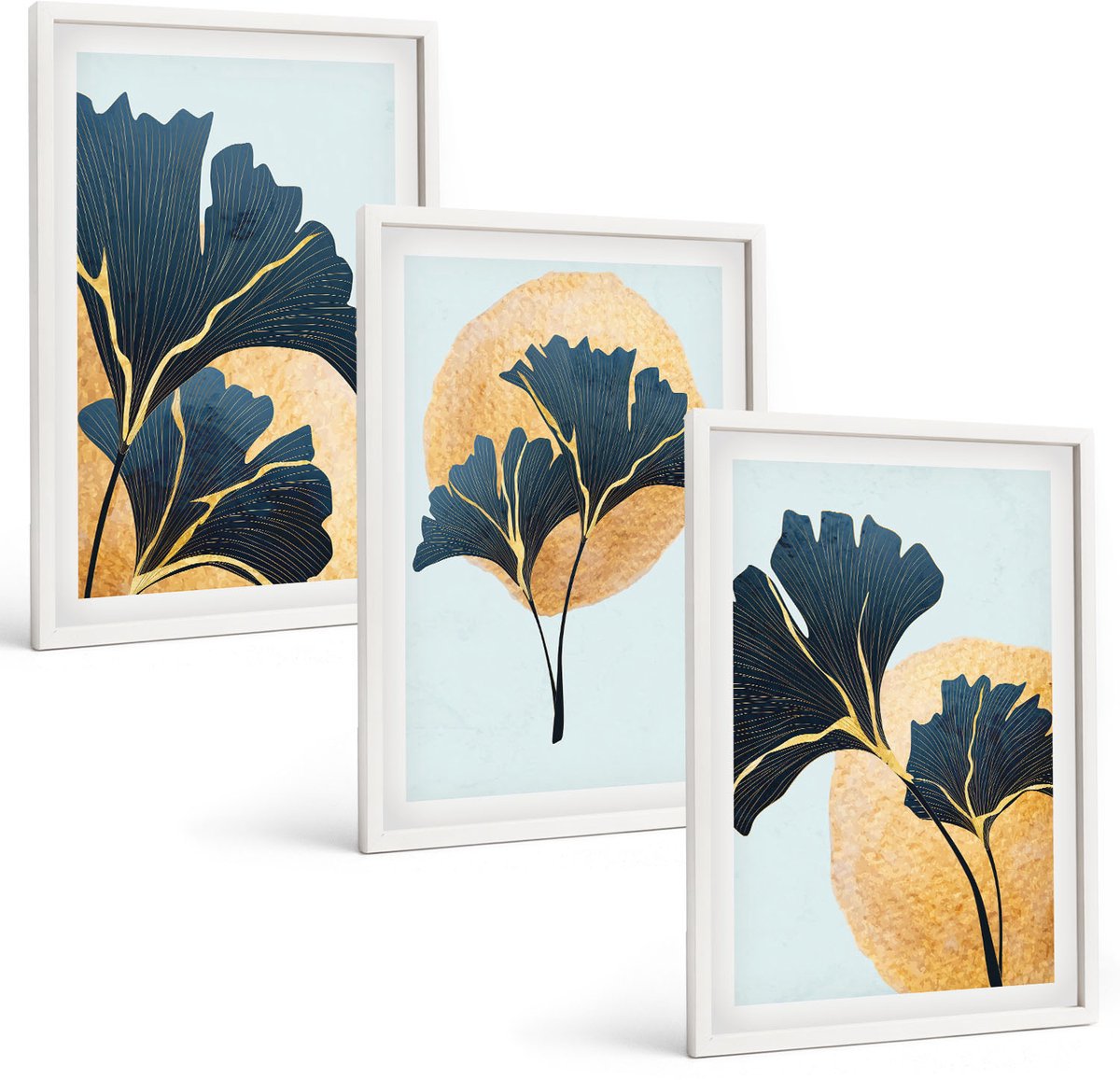 Wallfluent 3-Delige Schilderij Set - Esthetisch Aantrekkelijke Ginkgobladeren Op Een Lichte Achtergrond. - 40 x 60 - Wanddecoratie - Woonkamer Decoratie - Moderne Wanddecoratie