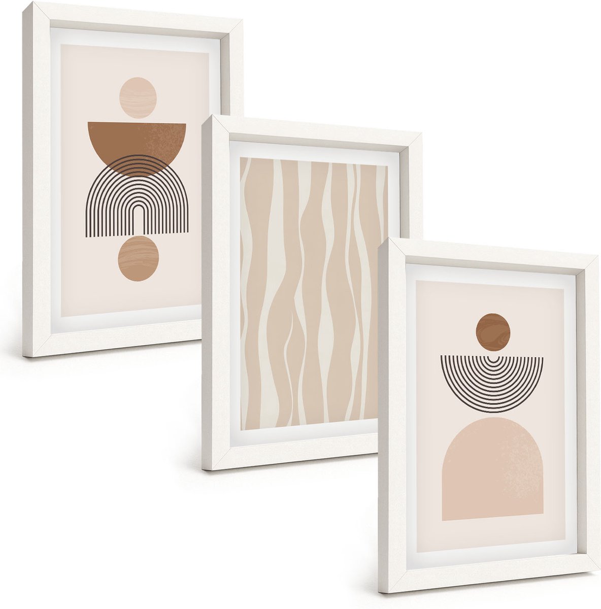 Wallfluent 3-Delige Schilderij Set - Abstracte Vormen In Bruine En Beige Tinten - 20 x 30 - Decoratieve Schilderijen - Wanddecoratie - Hal - Interieur Decoratie