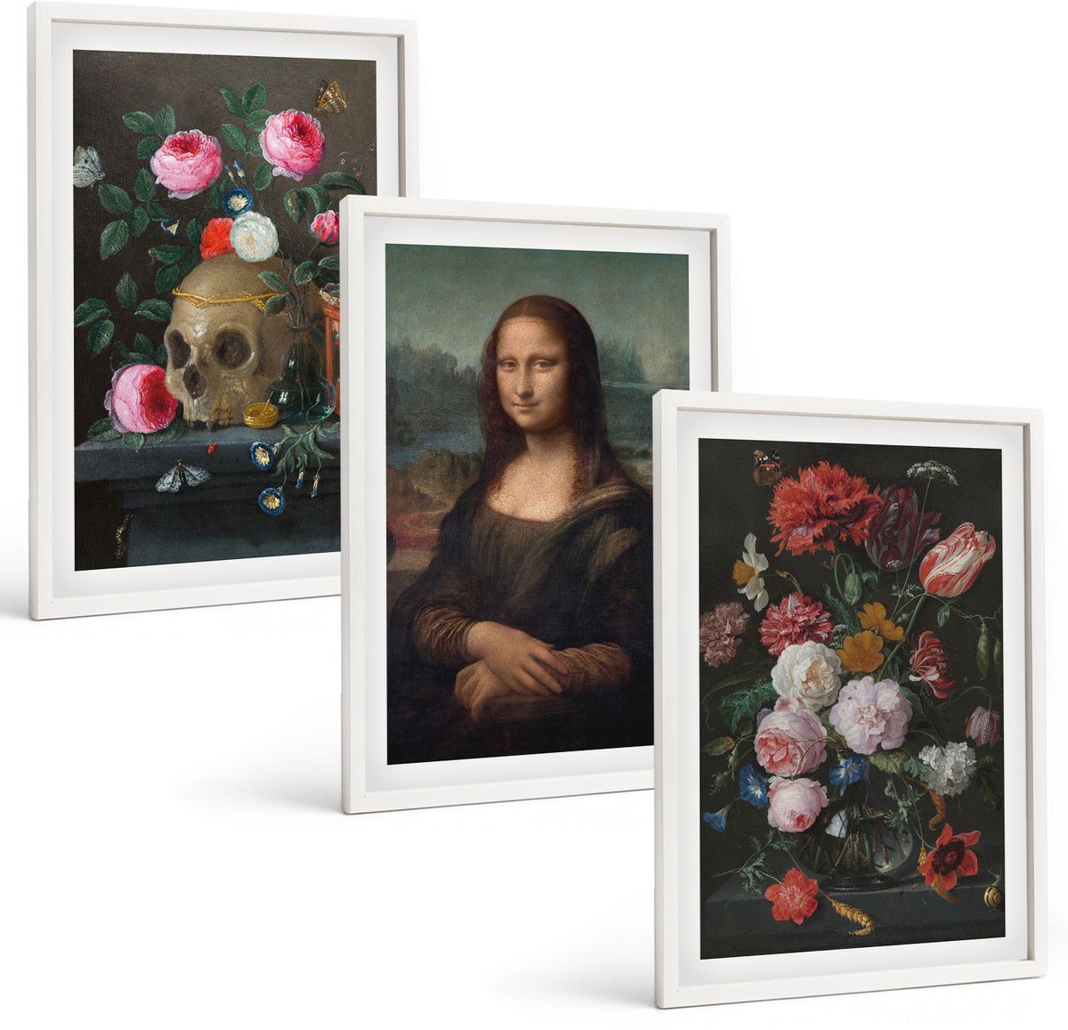 Wallfluent 3-Delige Schilderij Set - Vintage Bloemen, Schedel En Mona Lisa-Portret Van Leonardo Da Vinci - 40 x 60 - Decoratieve Schilderijen - Wanddecoratie - Hal - Stijlvolle Muurdecoratie