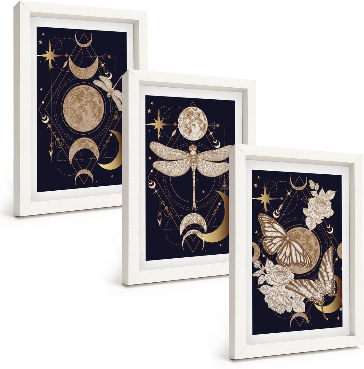 Wallfluent 3-Delige Schilderij Set - Natuurthema'S Met De Maan, De Ruimte En Bloemen. - 20 x 30 - Muurdecoratie - Interieur Decoratie - Moderne Wanddecoratie