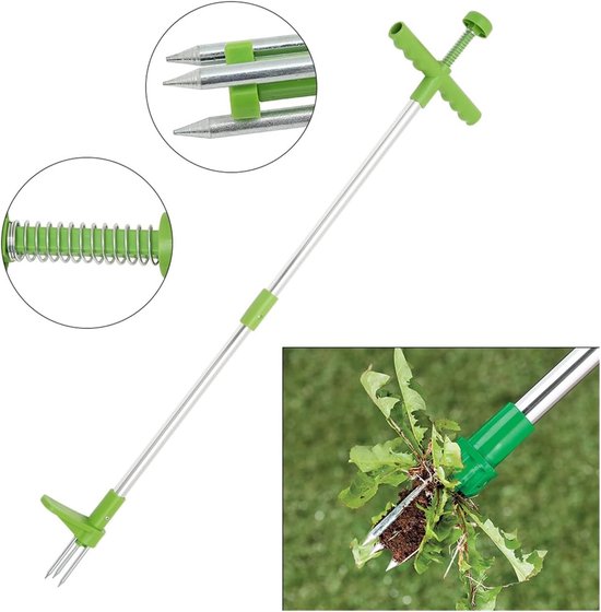 Handmatige Onkruidwieder - Tuin Wieden Tool - Onkruid Verwijderen - Stabiele Staande Werking - Lange Handgreep - Groen Zilver — afbeelding 4