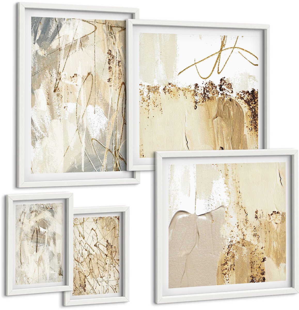 Wallfluent 5-Delige Schilderij Set - Abstracte Composities In Een Moderne En Minimalistische Stijl. - 50 x 50 cm, 20 x 30 cm En 40 x 60 cm - Muurdecoratie - Decoratieve Schilderijen - Wohnzimmer