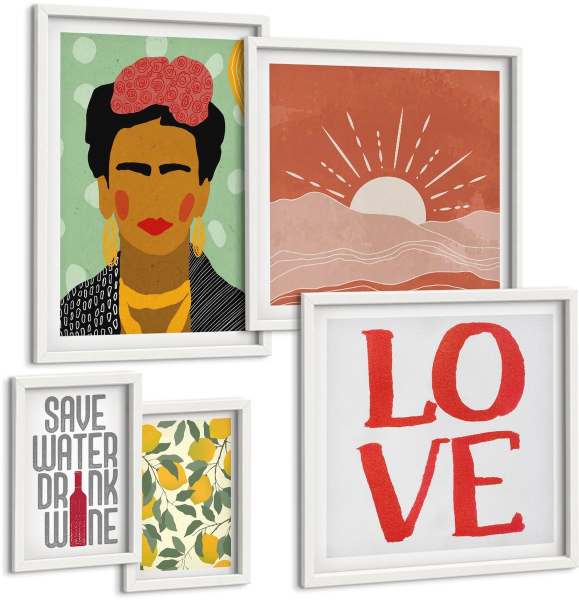 Wallfluent 5-Delige Schilderij Set - Boho-Stijl Met Een Bloemenmotief En Een Vrouwelijke Figuur. - 50 x 50 cm, 20 x 30 cm En 40 x 60 cm - Schilderijen Set - Wanddecoratie - Woonkamer - Interieur Decoratie