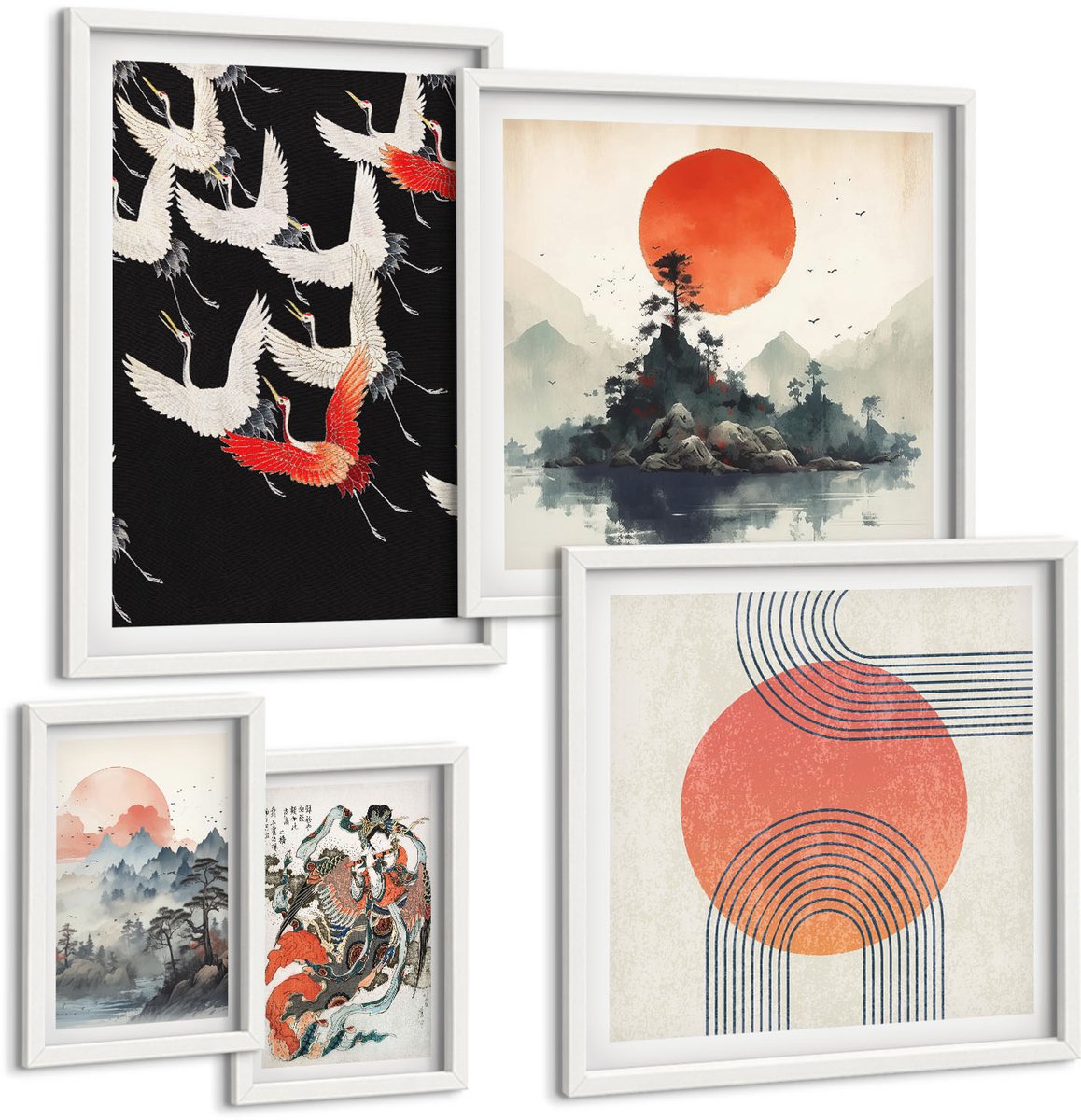 Wallfluent 5-Delige Schilderij Set - Japanse Kunst: Motieven Uit De Natuur En Traditie In Een Moderne Stijl - 50 x 50 cm, 20 x 30 cm En 40 x 60 cm - Wanddecoratie - Schilderijen Set - Kantoor - Woonkamer Decoratie