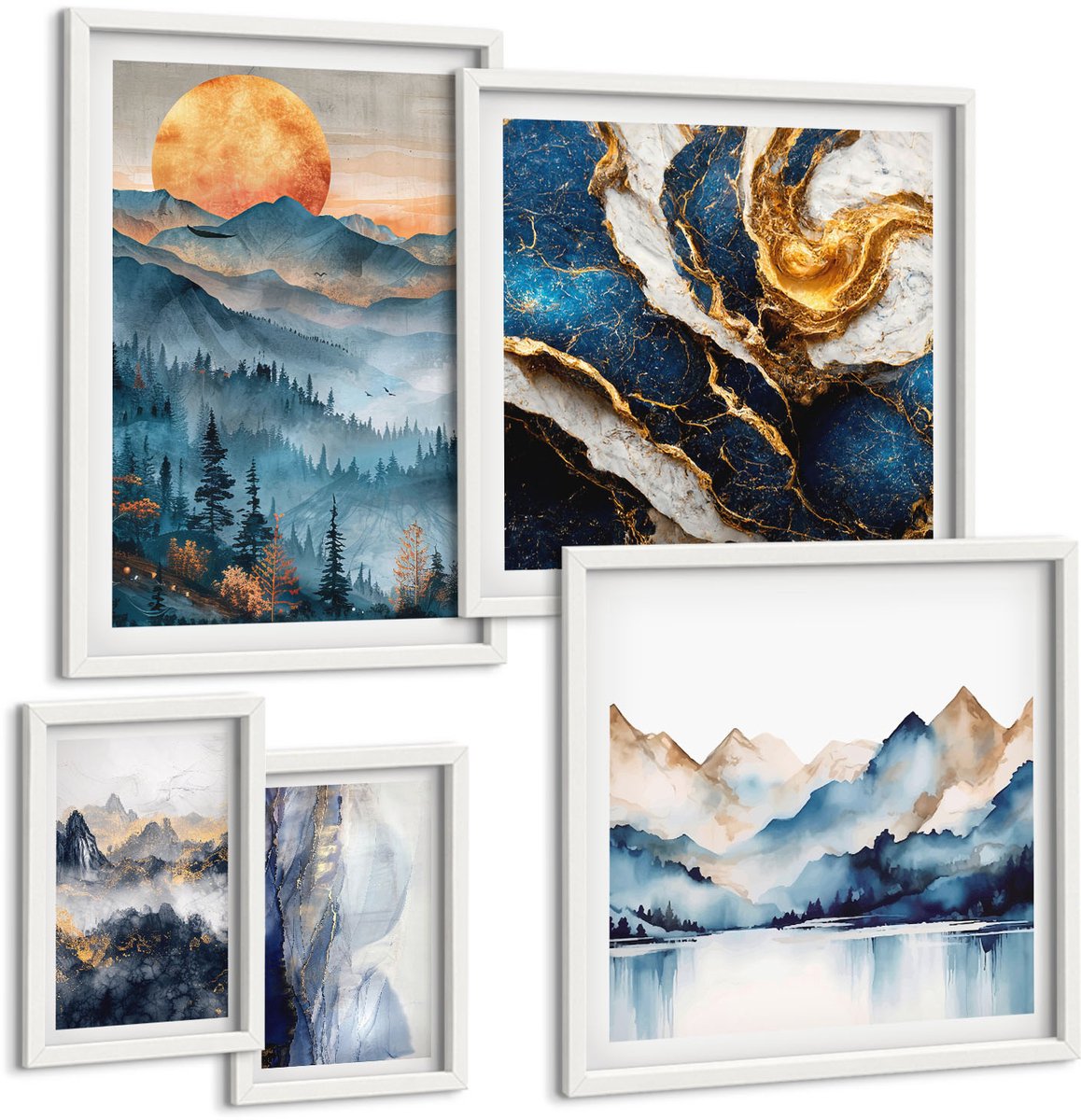 Wallfluent 5-Delige Schilderij Set - Berglandschappen Met Zonsondergang En Abstractie - 50 x 50 cm, 20 x 30 cm En 40 x 60 cm - Muurdecoratie - Interieur Decoratie - Wanddecoratie