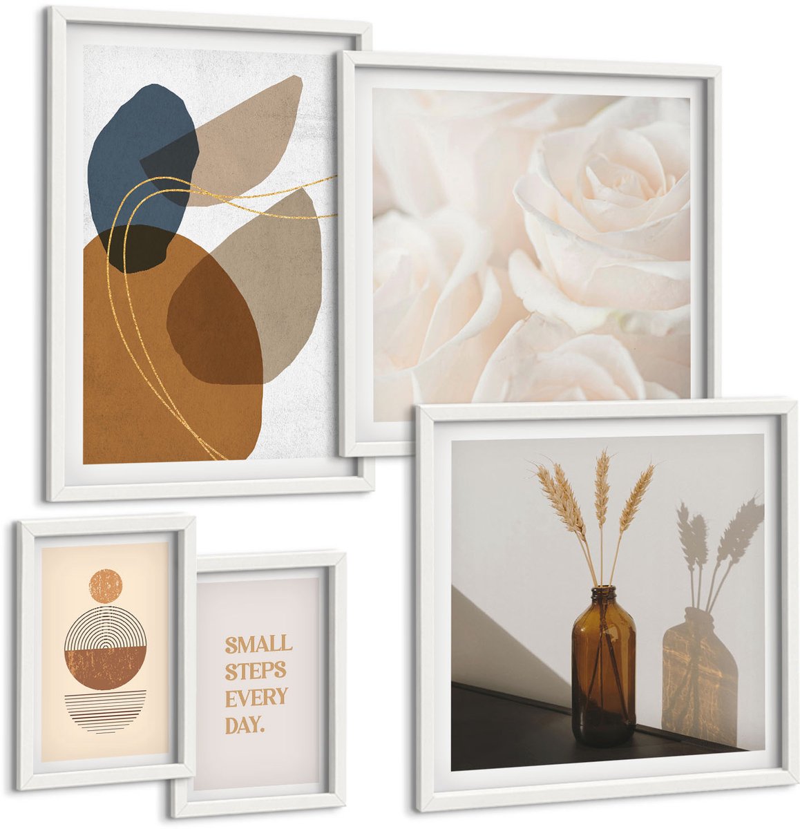 Wallfluent 5-Delige Schilderij Set - Decoratieve Composities In Boho-Stijl Met Plantenaccenten. - 50 x 50 cm, 20 x 30 cm En 40 x 60 cm - Stijlvolle Muurdecoratie - Kantoor - Moderne Wanddecoratie