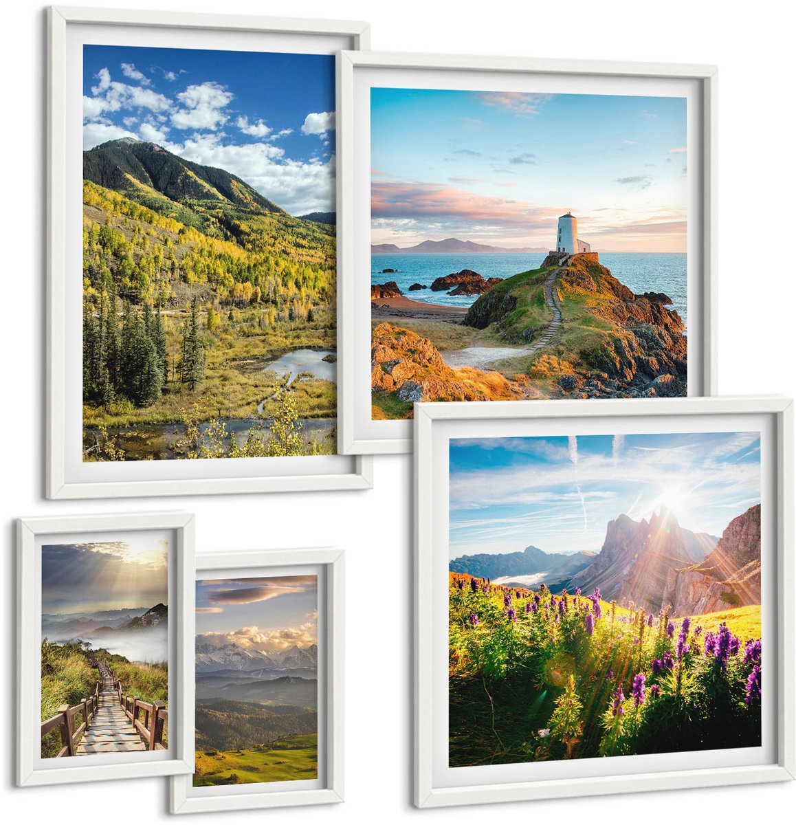Wallfluent 5-Delige Schilderij Set - Berglandschappen Met Pittoreske Uitzichten Op De Natuur - 50 x 50 cm, 20 x 30 cm En 40 x 60 cm - Stijlvolle Muurdecoratie - Kantoor - Woonkamer Decoratie