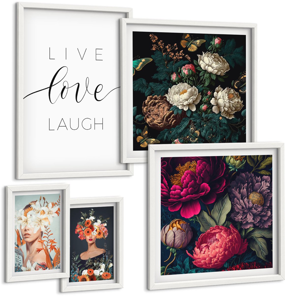 Wallfluent 5-Delige Schilderij Set - Bloemeninspiratie Met Motiverende Slogans Voor Je Interieur - 50 x 50 cm, 20 x 30 cm En 40 x 60 cm - Moderne Wanddecoratie - Slaapkamer - Stijlvolle Muurdecoratie