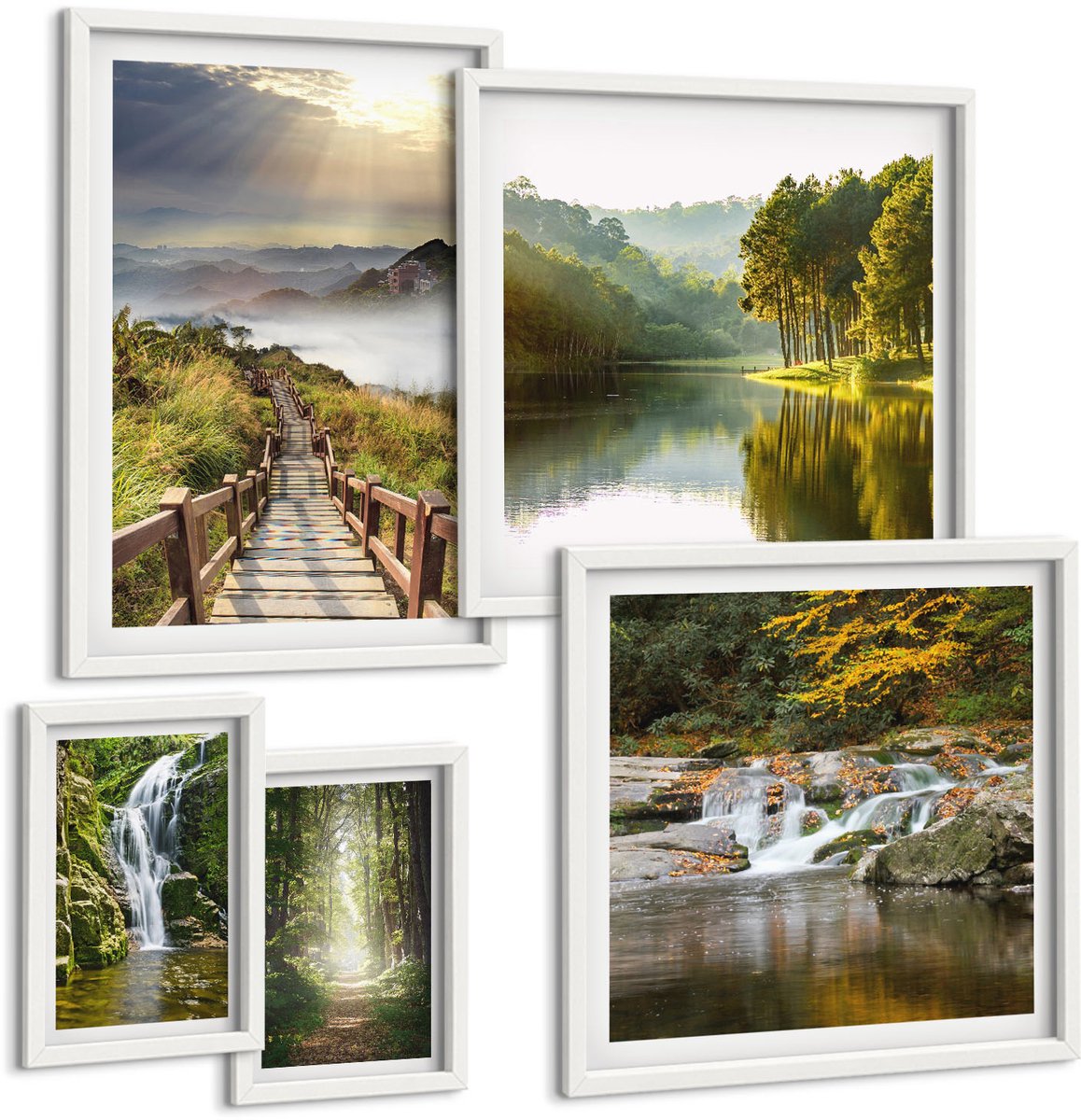 Wallfluent 5-Delige Schilderij Set - Natuurlandschappen Met Watervallen En Bospaden - 50 x 50 cm, 20 x 30 cm En 40 x 60 cm - Wanddecoratie - Woonkamer Decoratie - Moderne Wanddecoratie