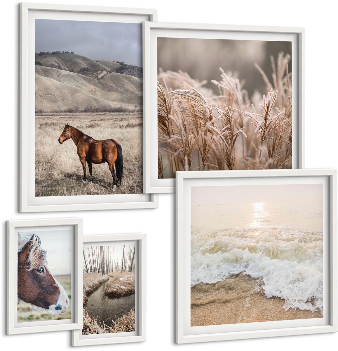 Wallfluent 5-Delige Schilderij Set - Natuurlandschappen Met Paarden En Kalm Water - 50 x 50 cm, 20 x 30 cm En 40 x 60 cm - Stijlvolle Muurdecoratie - Slaapkamer - Moderne Wanddecoratie