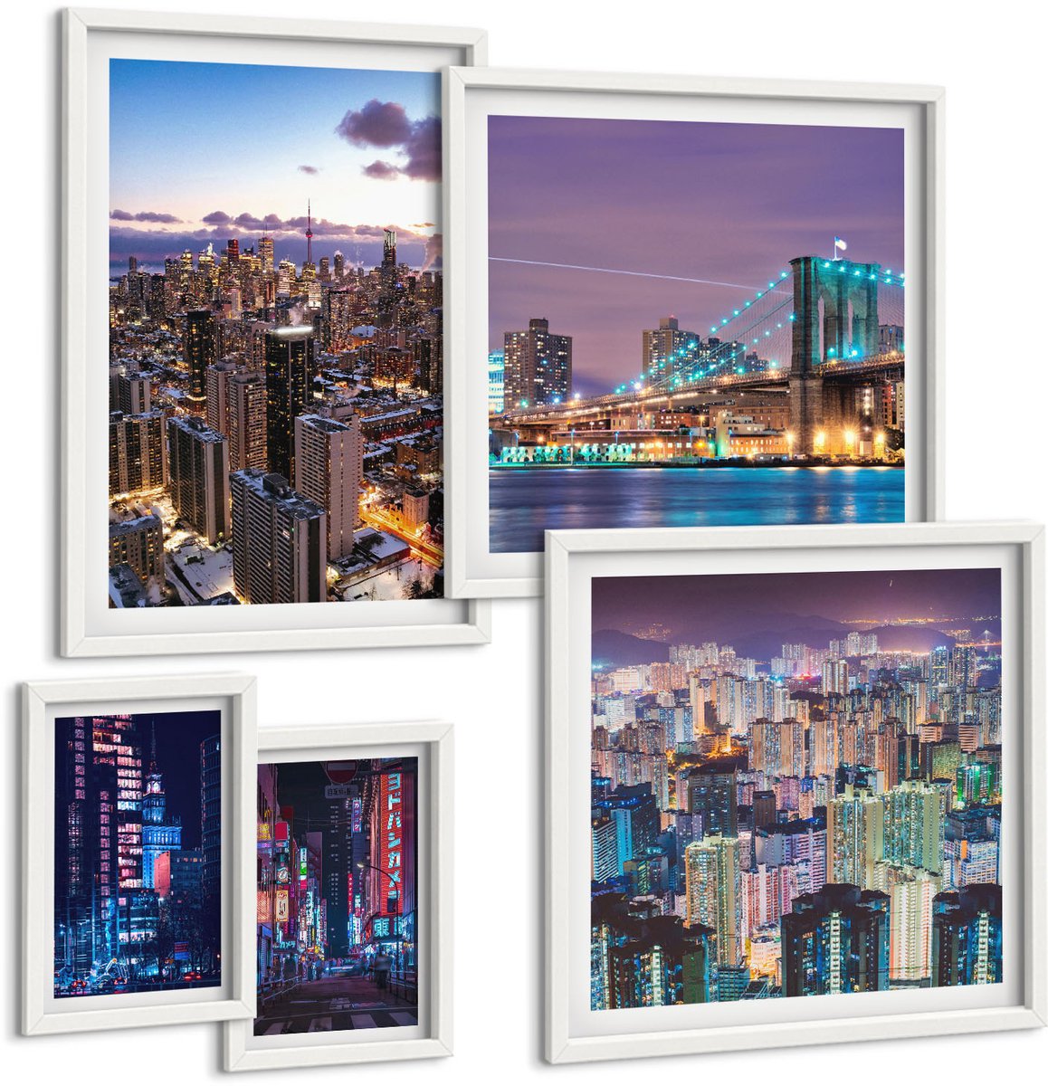 Wallfluent 5-Delige Schilderij Set - Moderne Stadsgezichten 'S Nachts Met Neonlichten En Wolkenkrabbers - 50 x 50 cm, 20 x 30 cm En 40 x 60 cm - Wanddecoratie - Muurdecoratie - Moderne Interieurdecoratie - Interieur Decoratie