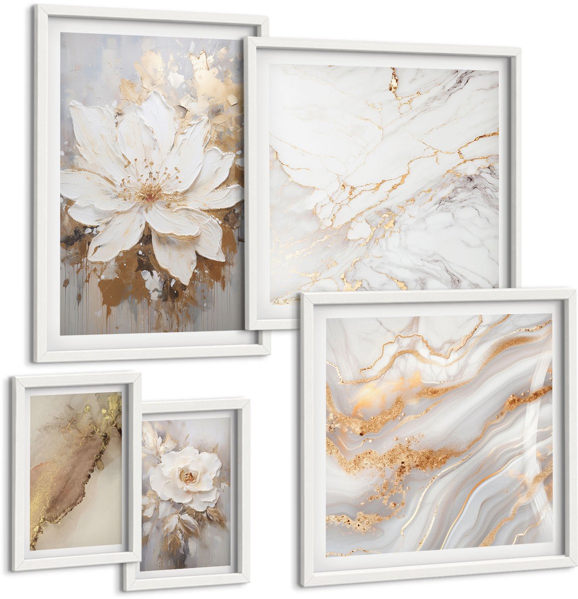 Wallfluent 5-Delige Schilderij Set - Bloemarrangementen In Een Elegante, Moderne Stijl - 50 x 50 cm, 20 x 30 cm En 40 x 60 cm - Wanddecoratie - Schilderijen Set - Interieur - Interieur Decoratie