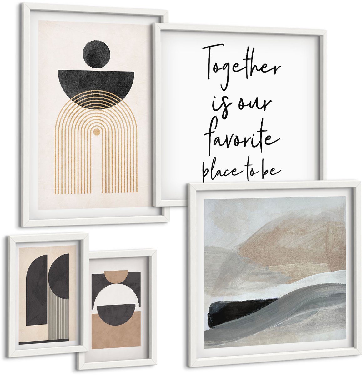 Wallfluent 5-Delige Schilderij Set - Abstracte Geometrische Vormen Geïnspireerd Door De Natuur. - 50 x 50 cm, 20 x 30 cm En 40 x 60 cm - Muurdecoratie - Wanddecoratie - Hal - Woonkamer Decoratie