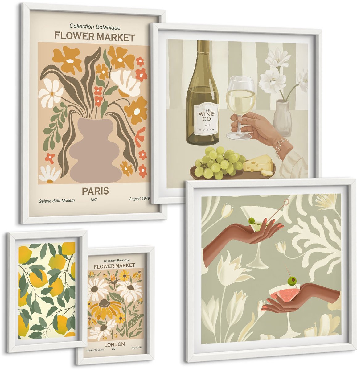 Wallfluent 5-Delige Schilderij Set - Bloemenmarkten En Fruitaccenten In Vintage Stijl - 50 x 50 cm, 20 x 30 cm En 40 x 60 cm - Schilderijen Set - Wanddecoratie - Woonkamer - Decoratieve Schilderijen