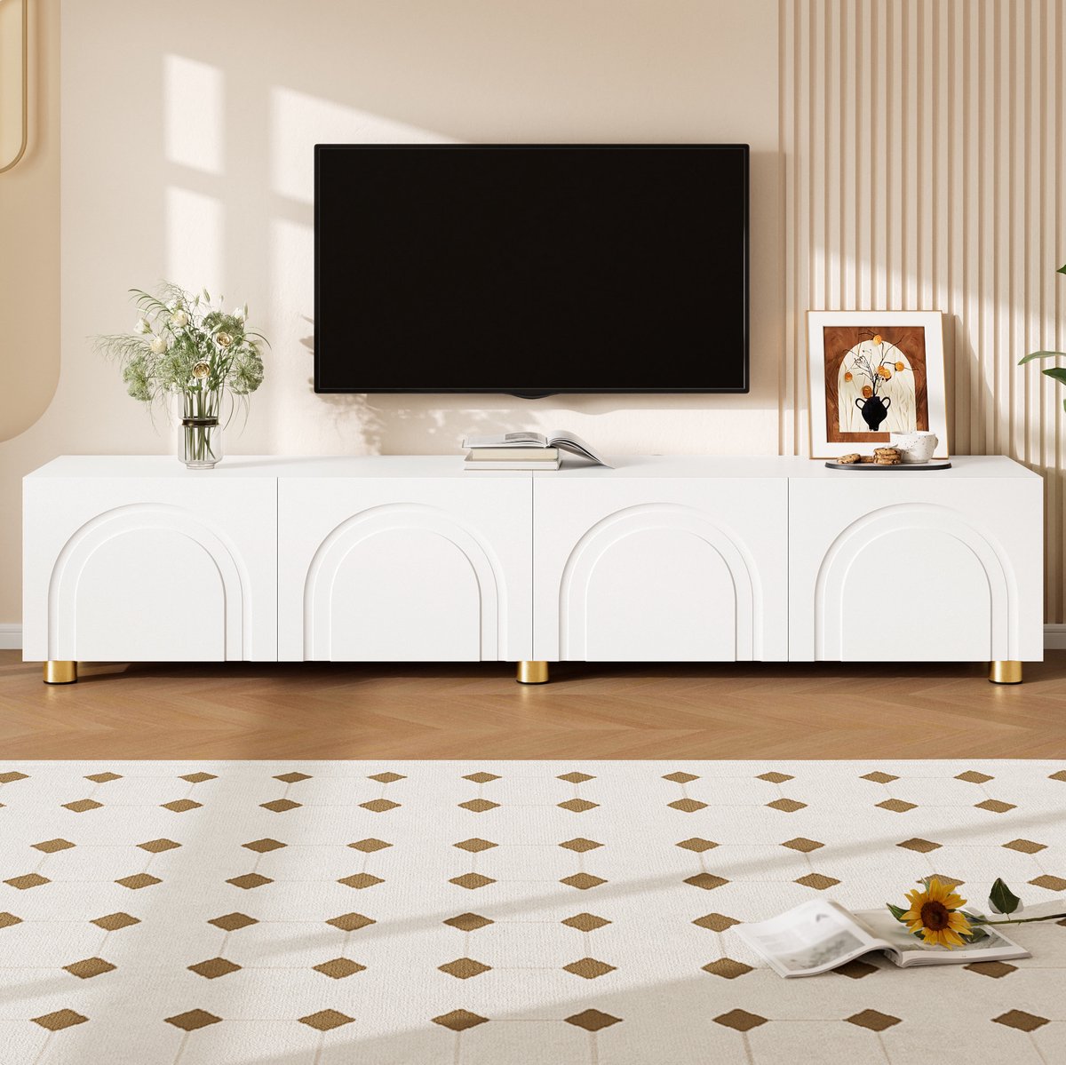 MODFU - Tv-Meubel - 4 Deuren - Bogenrelief - Woonkamer - Wit - 180 Cm