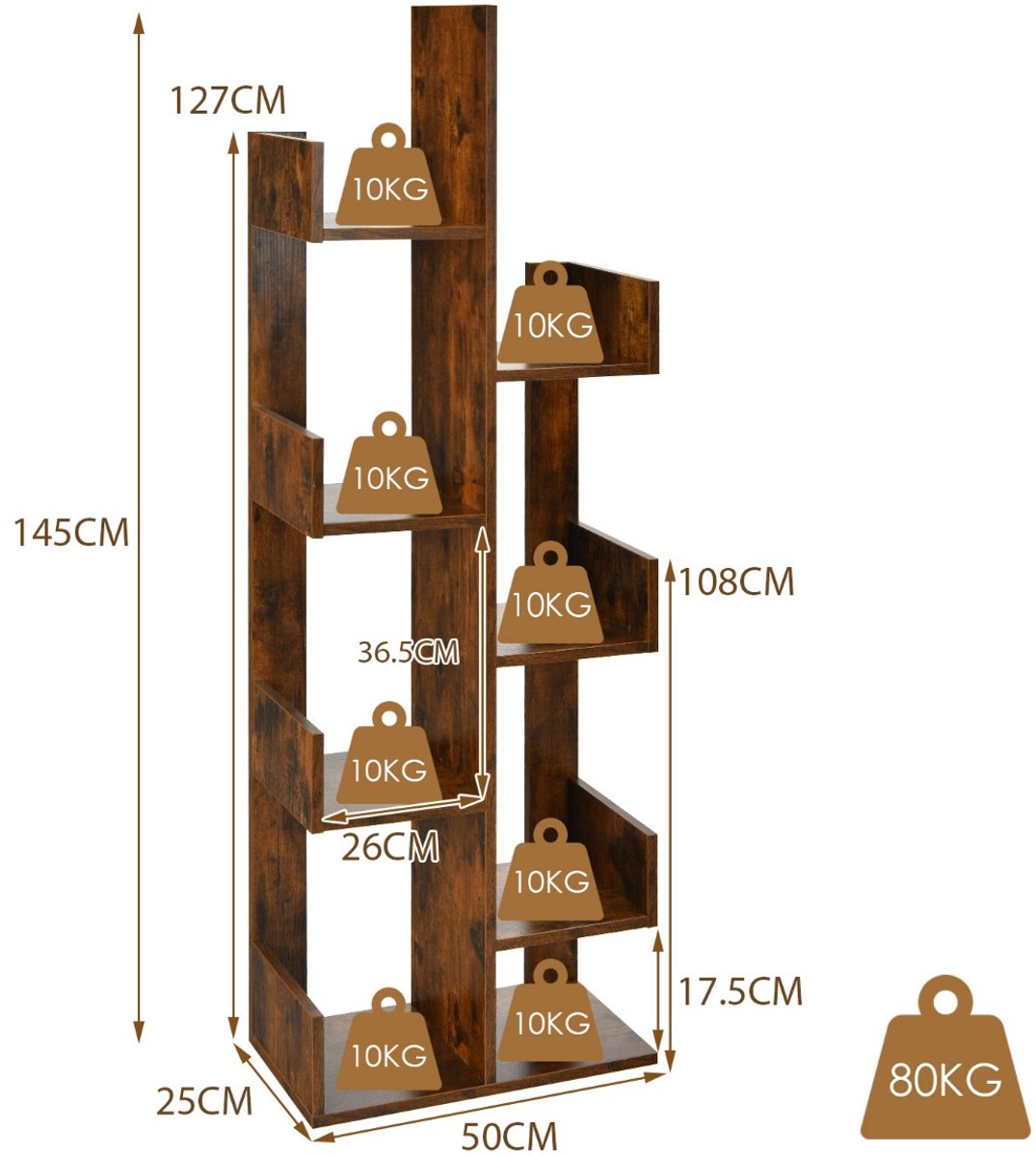 SureDeal® - Opbergrek - Boekenkast Boomvorm Staand - Vakken - Woonkamer - Slaapkamer - Kantoor - 50x25x145 cm - Koffiebruin