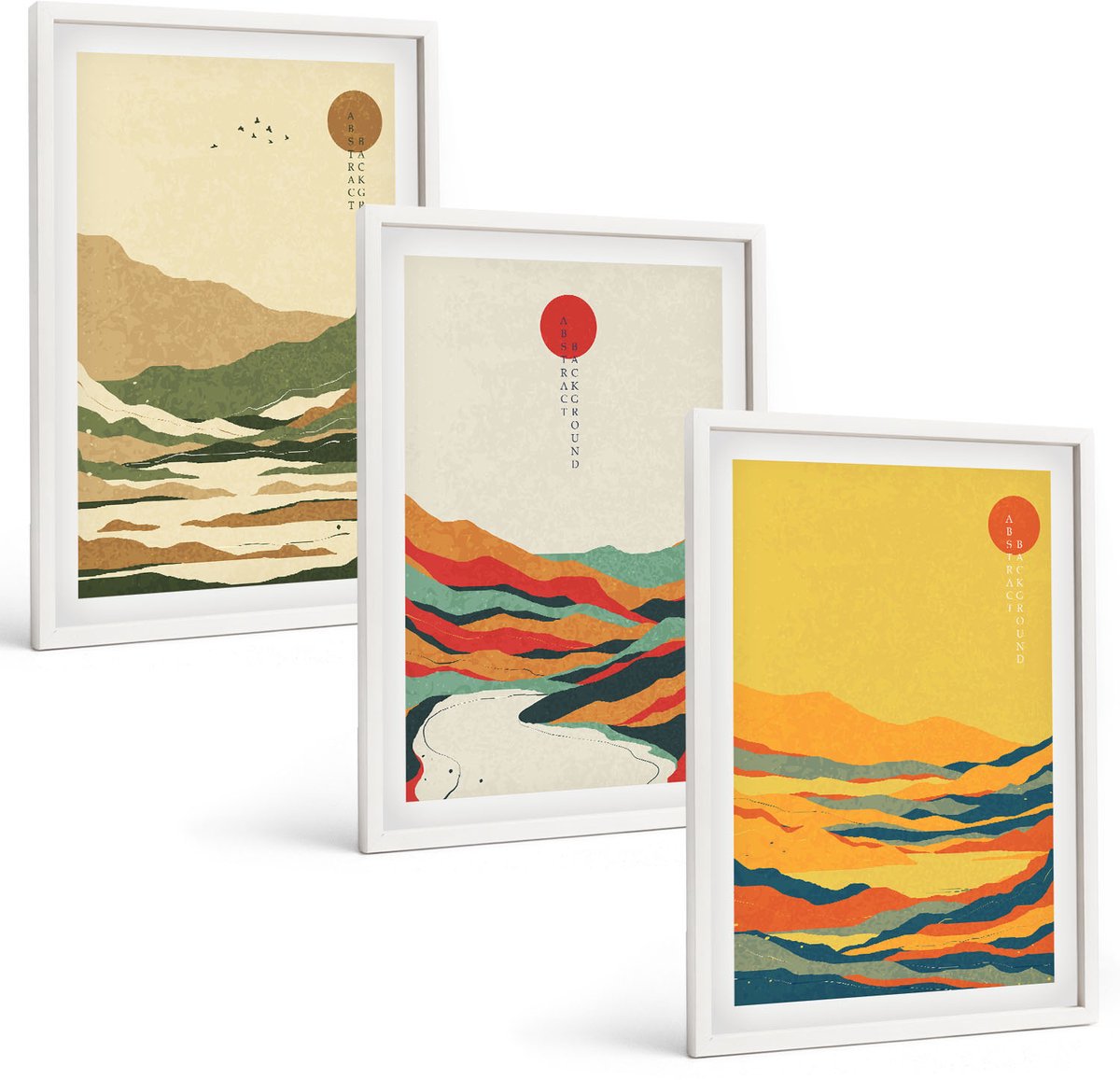 Wallfluent 3-Delige Schilderij Set - Kleurrijke Patronen Van Bergen En Rivieren In Japandi-Stijl - 40 x 60 - Stijlvolle Muurdecoratie - Slaapkamer - Wanddecoratie