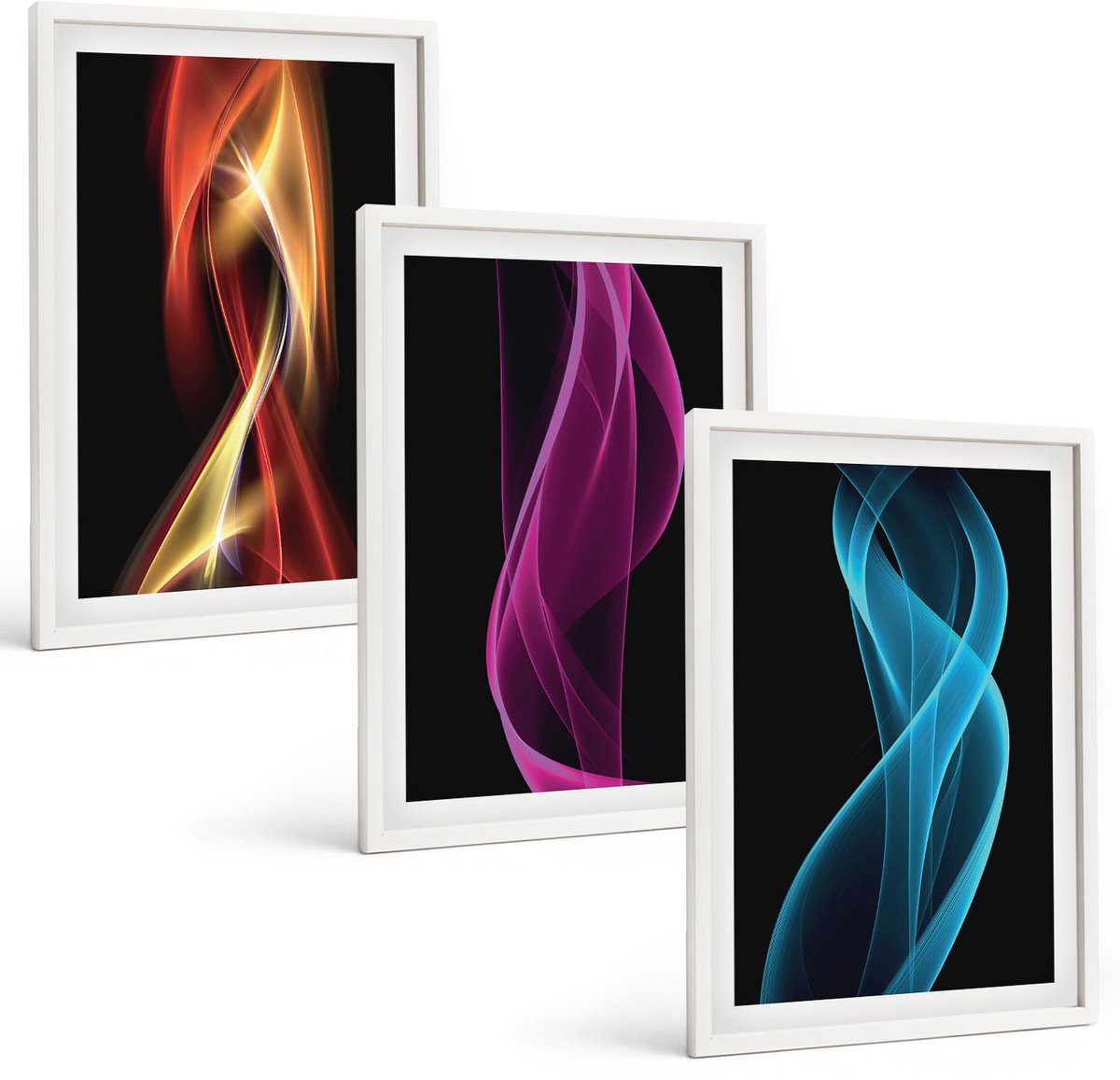 Wallfluent 3-Delige Schilderij Set - Golven Van Kleurrijke Neonlijnen Op Een Donkere Achtergrond - 40 x 60 - Muurdecoratie - Wanddecoratie - Slaapkamer - Stijlvolle Muurdecoratie