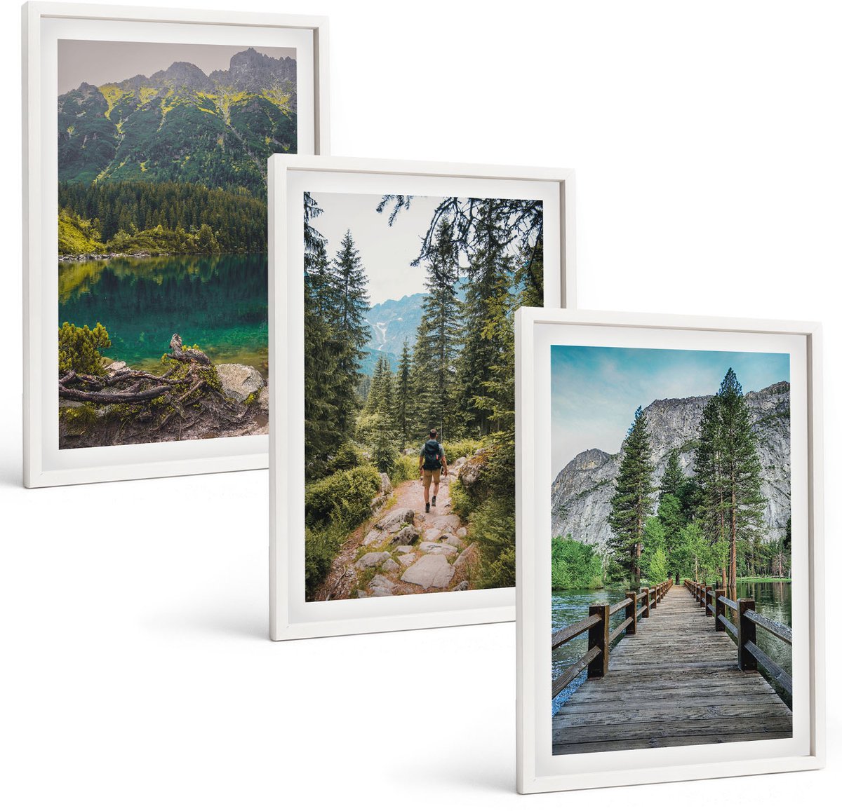Wallfluent 3-Delige Schilderij Set - Bergen, Meren, Bossen En Paden In De Natuur - 40 x 60 - Muurdecoratie - Wanddecoratie - Hal - Interieur Decoratie