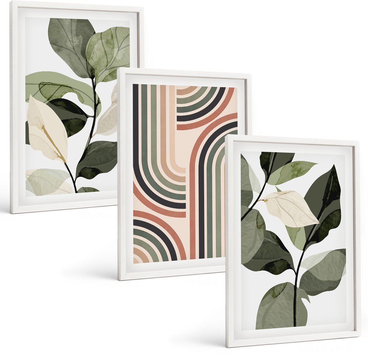 Wallfluent 3-Delige Schilderij Set - Plantmotieven Met Geometrische Patronen In Groene Tinten - 40 x 60 - Muurdecoratie - Interieur Decoratie - Wanddecoratie