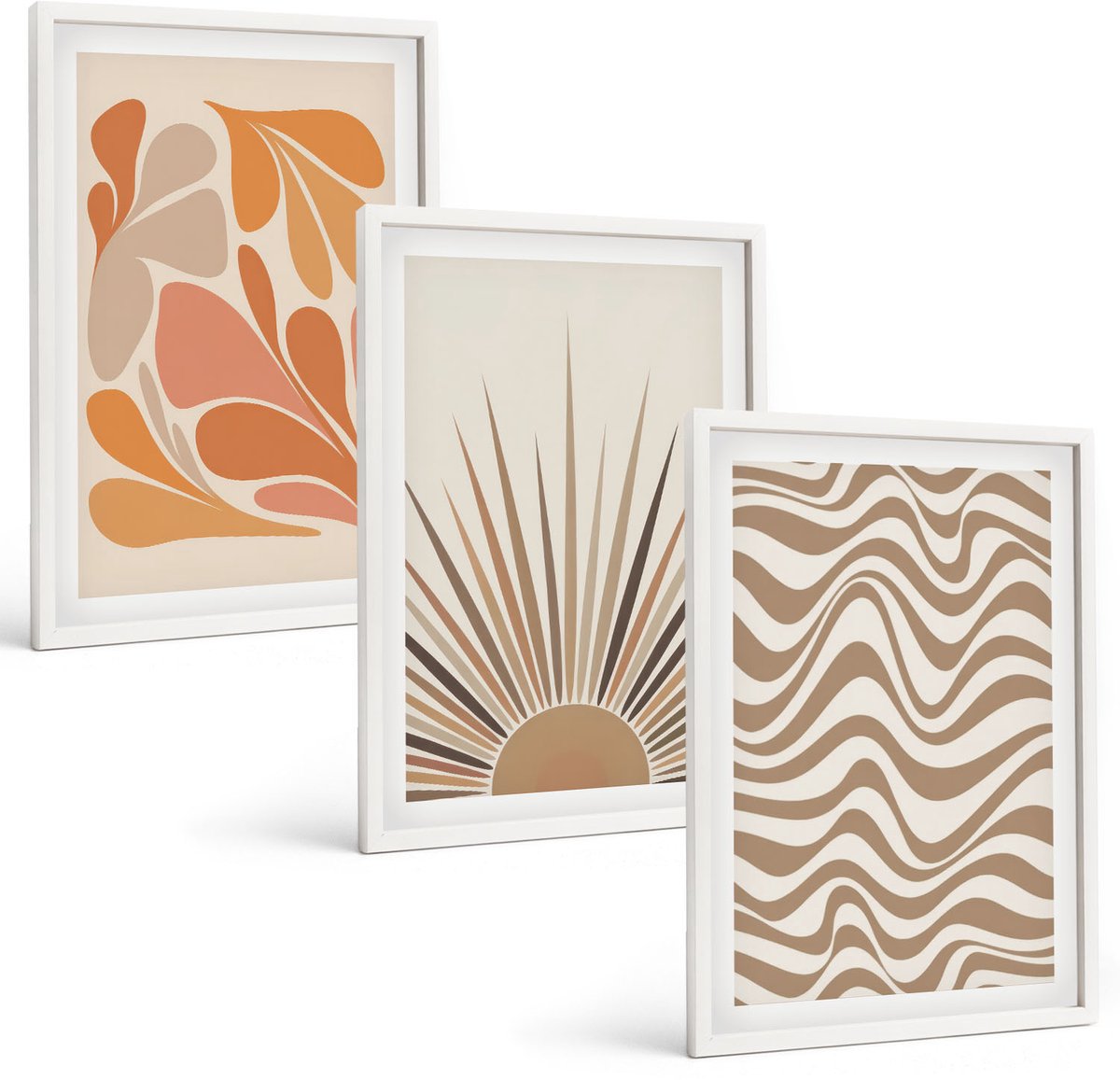 Wallfluent 3-Delige Schilderij Set - Zon Boho Pastel Abstracte Vormen - 40 x 60 - Stijlvolle Muurdecoratie - Slaapkamer