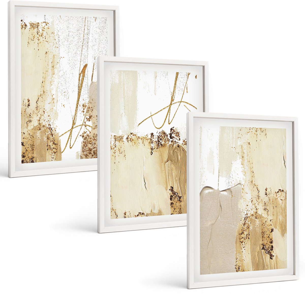 Wallfluent 3-Delige Schilderij Set - Abstracte Patronen In Beige En Witte Tinten. - 40 x 60 - Decoratieve Schilderijen - Woonkamer - Interieur