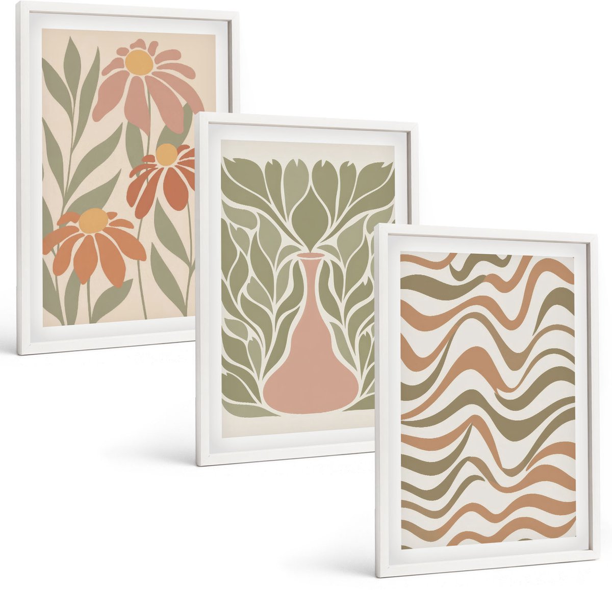 Wallfluent 3-Delige Schilderij Set - Pastelkleurige Bloemenillustraties Met Golvende Abstracte Lijnen - 40 x 60 - Muurdecoratie - Decoratieve Schilderijen - Wohnzimmer