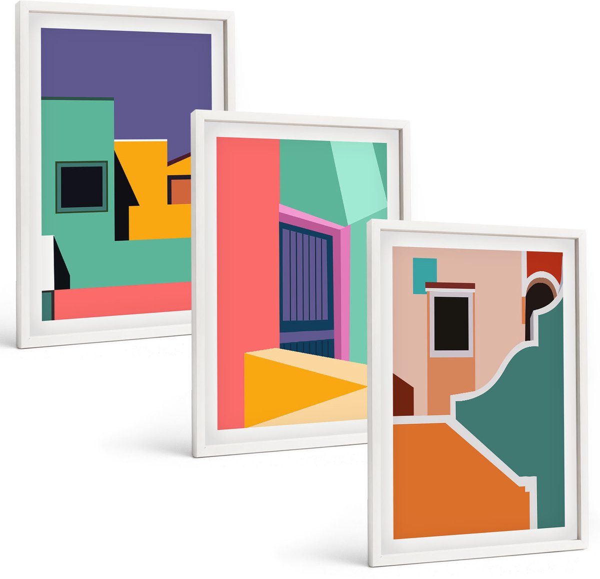 Wallfluent 3-Delige Schilderij Set - Kleurrijke Stadsgezichten In Een Moderne Stijl. - 40 x 60 - Decoratieve Schilderijen - Wanddecoratie - Hal - Woonkamer Decoratie