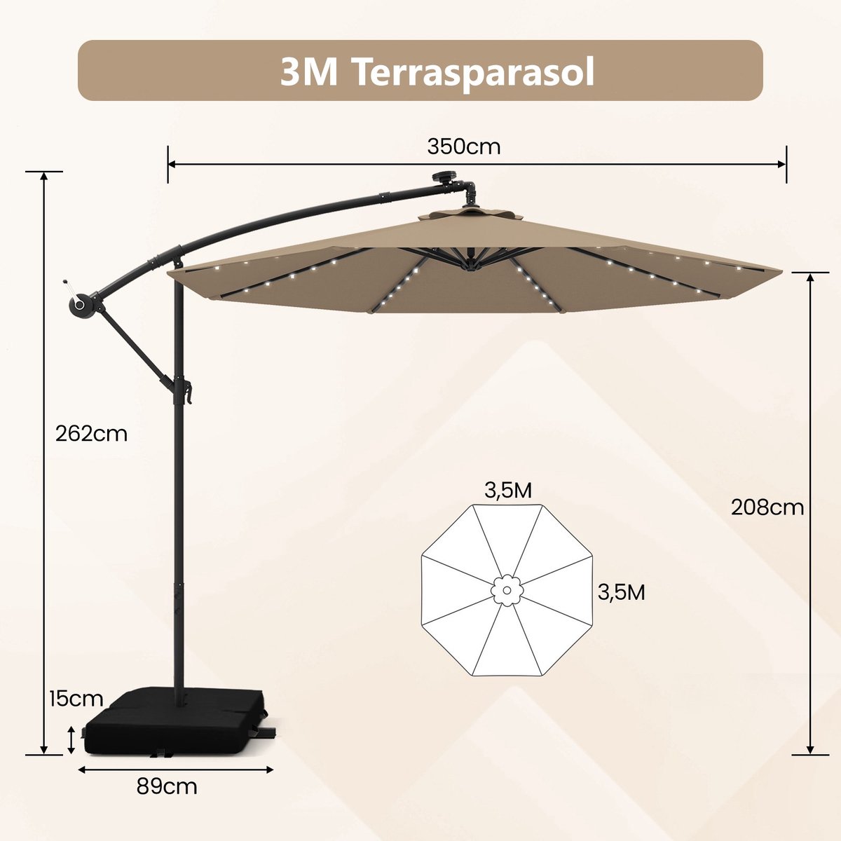 SureDeal® - Parasol - Paraplu - LED lampjes Zonne - Bescherming - 350x350x262 cm - Koffiebruin