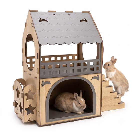 Houten konijnenhuis met 2 verdiepingen, trap en sterren. Twee konijnen in en op het huis.