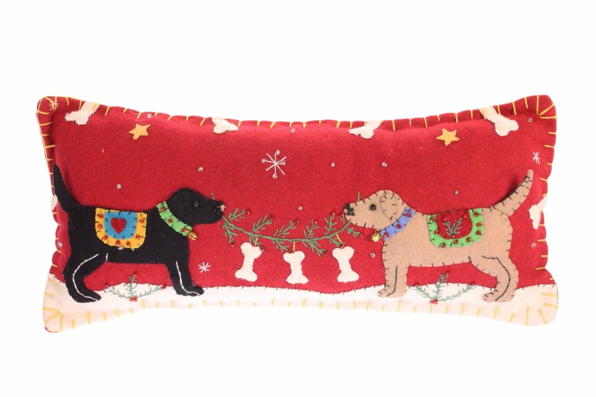 Kussen Honden met hulst vilt incl. vulling 37x17cm