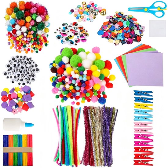 Overzicht van knutselmaterialen: pompons, wiebelogen, pailletten, schaar, lijm, papier, kralen en chenilledraad.