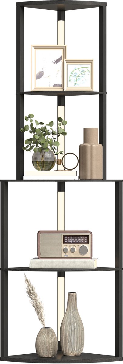 Staande lamp voor in de woonkamer met legplank, dimbare staande lamp van hout en glas, voorzien van legplank en led-verlichting, 55,5 x 39,5 x 163 cm, zwart