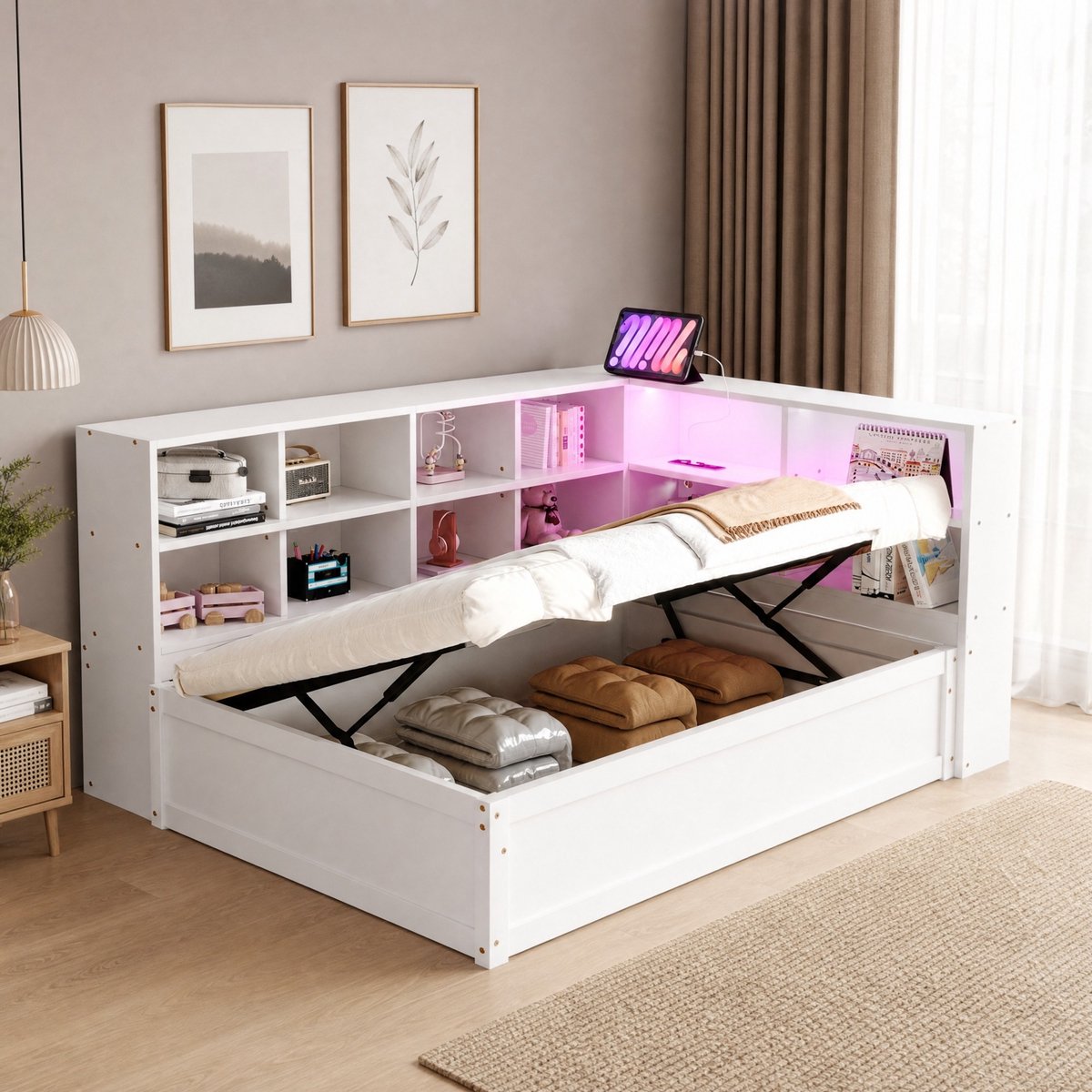 REDOM - Bedframe - Opbergruimte en LED verlichting - Lattenbodem - Multifunctioneel - Slaapkamer - Hout - Wit - 220,5 x 114,5 x 82 cm
