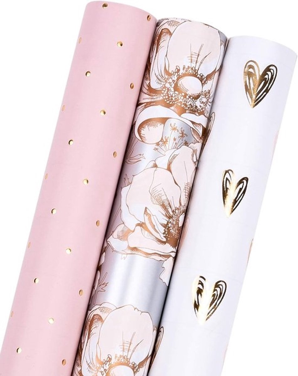 SnelShoppen - Cadeaupapier Rol - Mini Rol - 43.2 cm x 3 cm - 3 Verschillende Roze en Grijze Bloemmotieven - Perfect voor Feesten en Verjaardagen