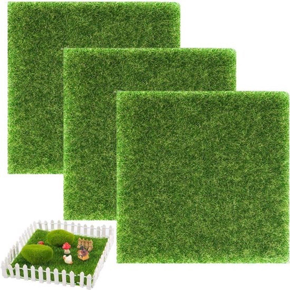 Set van 3 Kunstgras Matten 15x15 cm - Miniaturen Decoratie & Hobby