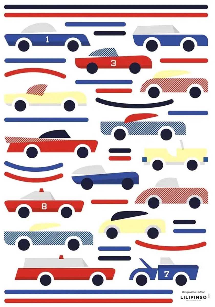 Lilipinso muursticker A3 auto's blauw rood geel