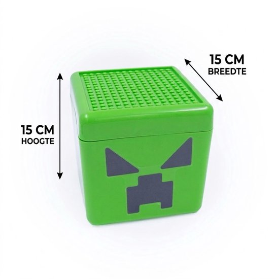 Groene kubus met Minecraft Creeper gezicht. Afmetingen: 15 cm hoogte en 15 cm breedte.