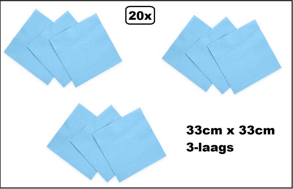 20 stuks Servetten licht blauw 33cm x 33cm - 3 laags - Cocktail servet diner eten knoeien restaurant BBQ thema feest verjaardag feest