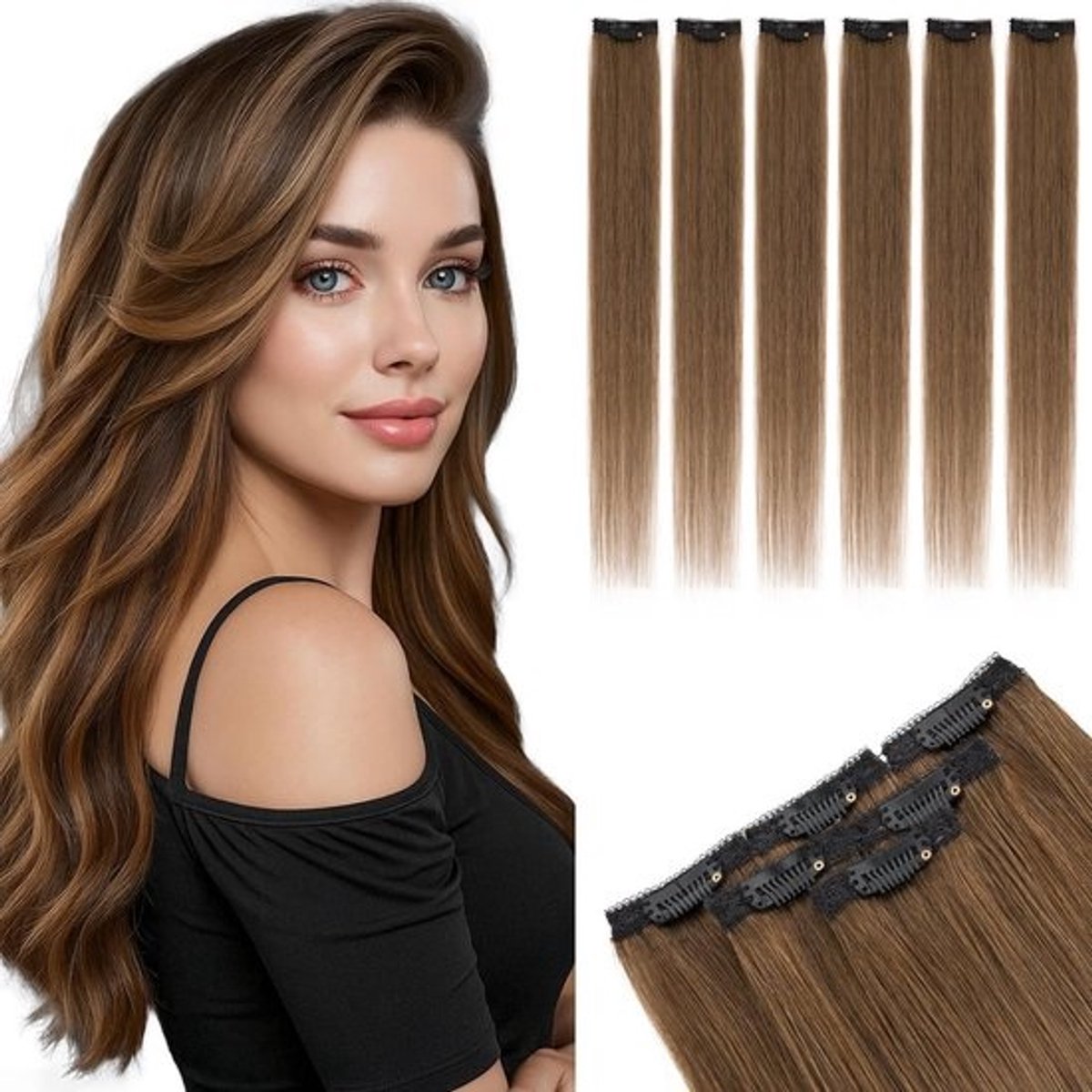 Echte Haar Clip-in Extensions 6 Delen 40 cm - Lichtbruine Highlights Haarverlenging