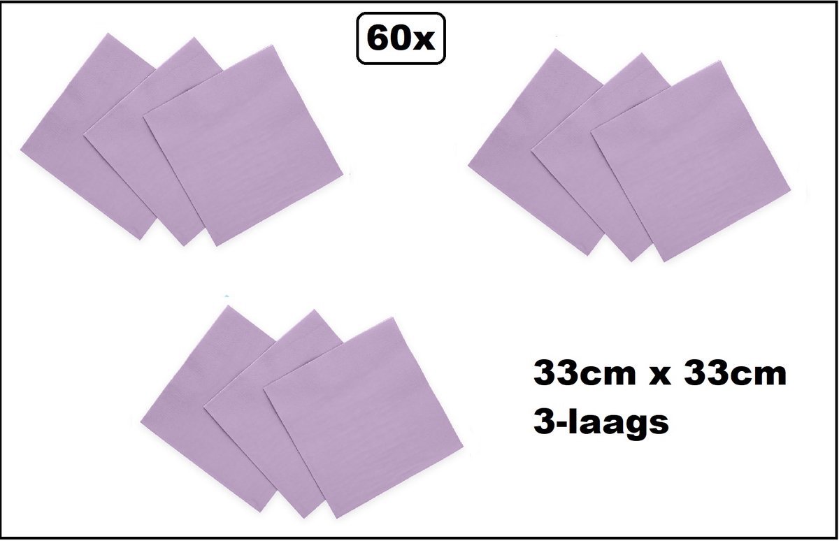60 stuks Servetten lila 33cm x 33cm - 3 laags - Cocktail servet diner eten knoeien restaurant BBQ thema feest verjaardag feest