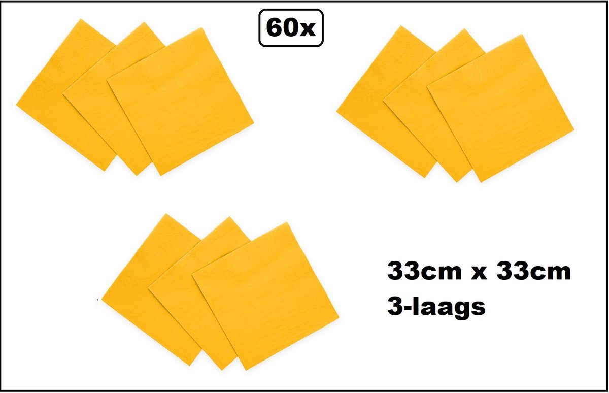 60 stuks Servetten geel 33cm x 33cm - 3 laags - Cocktail servet diner eten knoeien restaurant BBQ thema feest verjaardag feest
