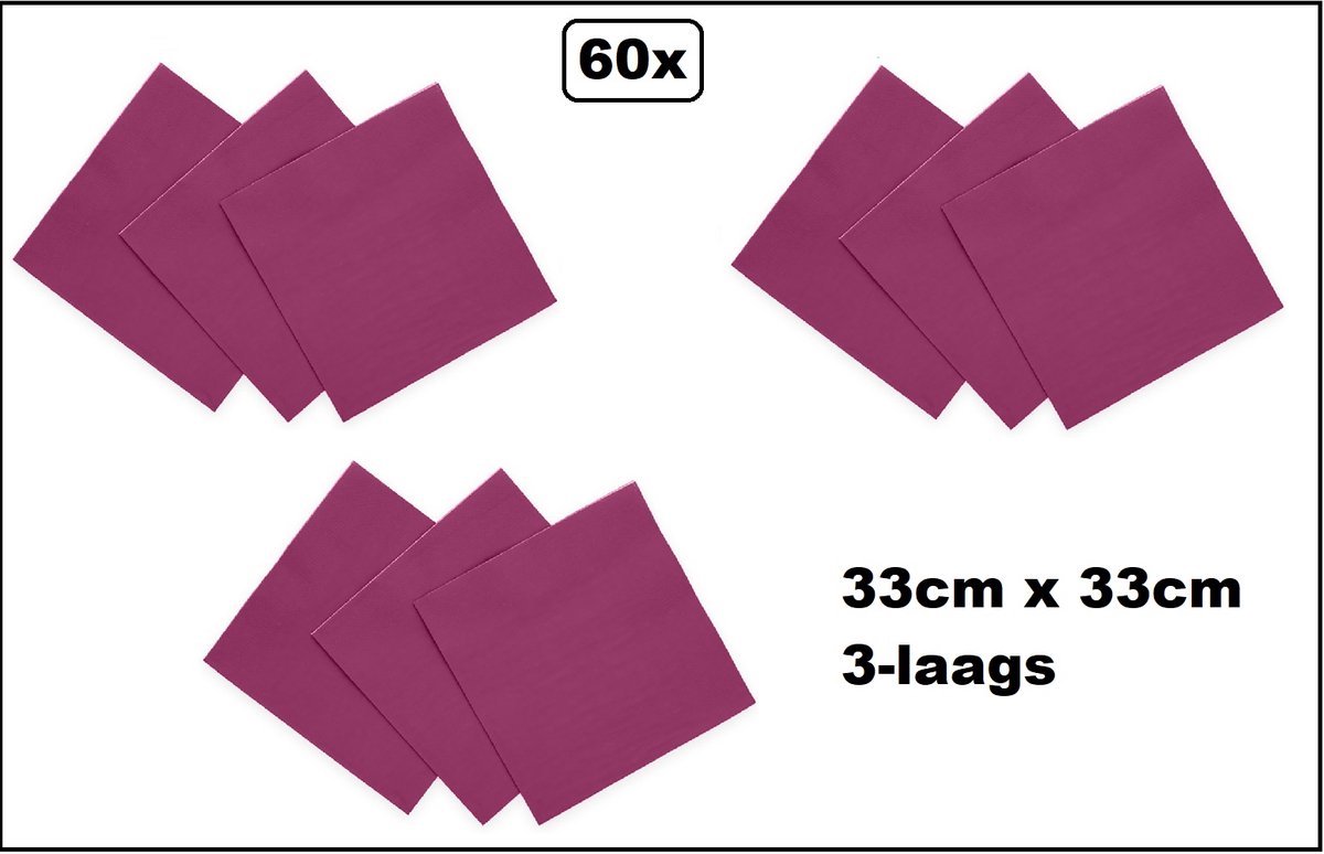60 stuks Servetten paars 33cm x 33cm - 3 laags - Cocktail servet diner eten knoeien restaurant BBQ thema feest verjaardag feest