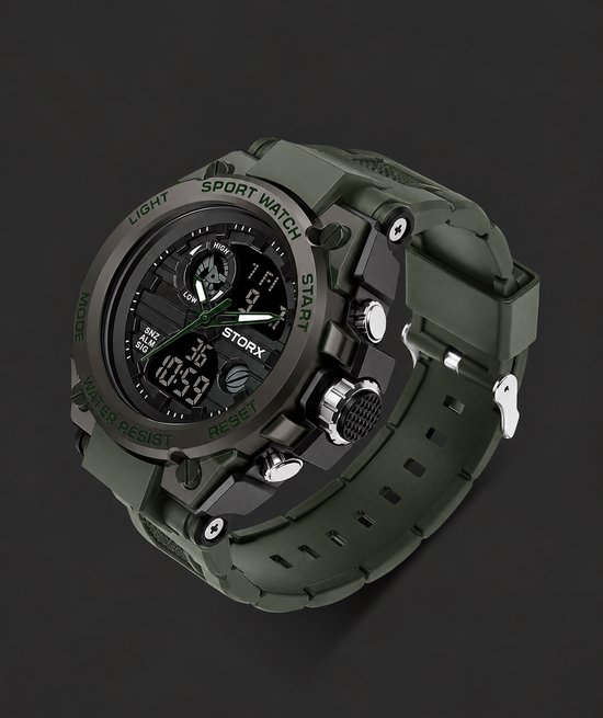 Groen sport horloge met zwarte details en dubbele display. Band met gesp.