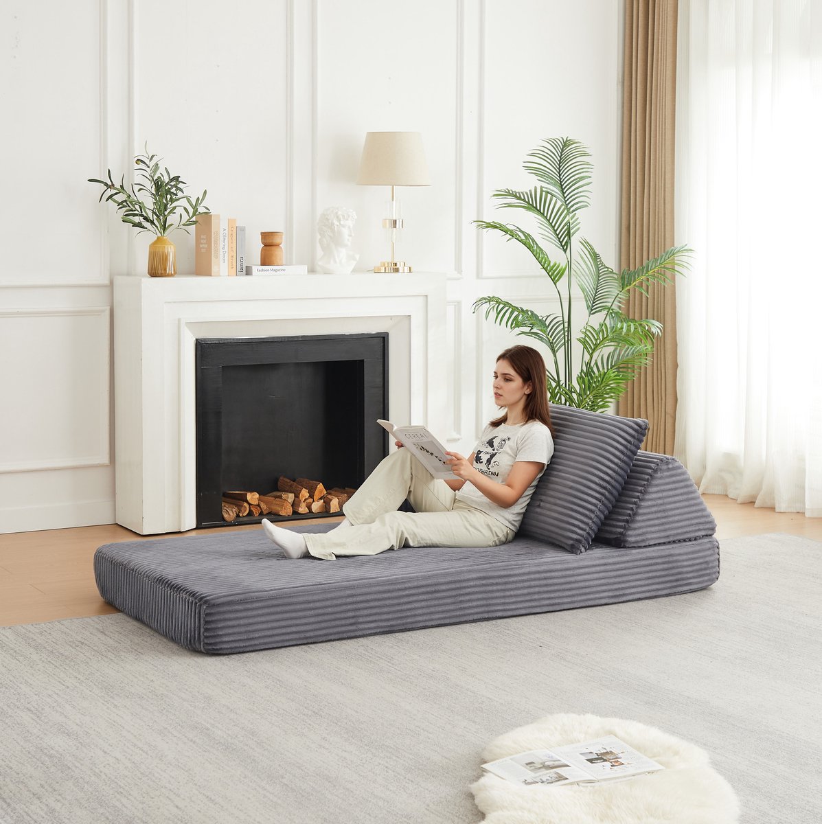 Slaapbank 211,5 cm - Verstelbare Armleuningen En Driehoekige Rugkussens - Woonkamer - Corduroy - Grijs