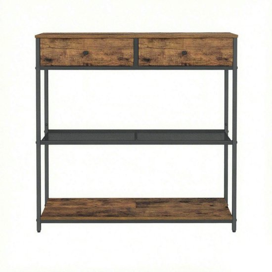 Bruine consoletafel met twee lades en twee metalen planken, met een robuust zwart frame.