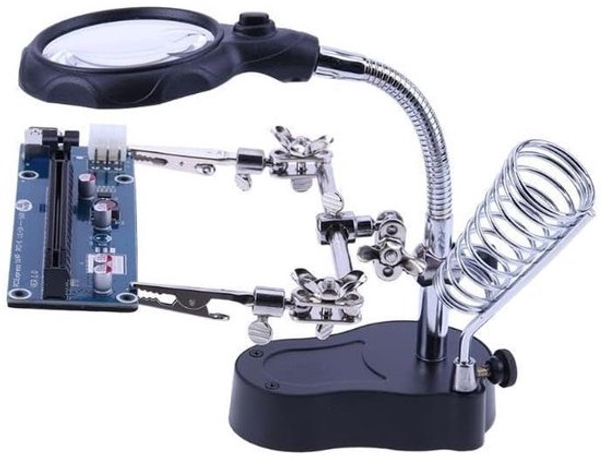 Soldeer Hulp - Vergrootglas Station - Hobby Reparatie - Met LED Verlichting - 65mm Lens - Zwart Zilver