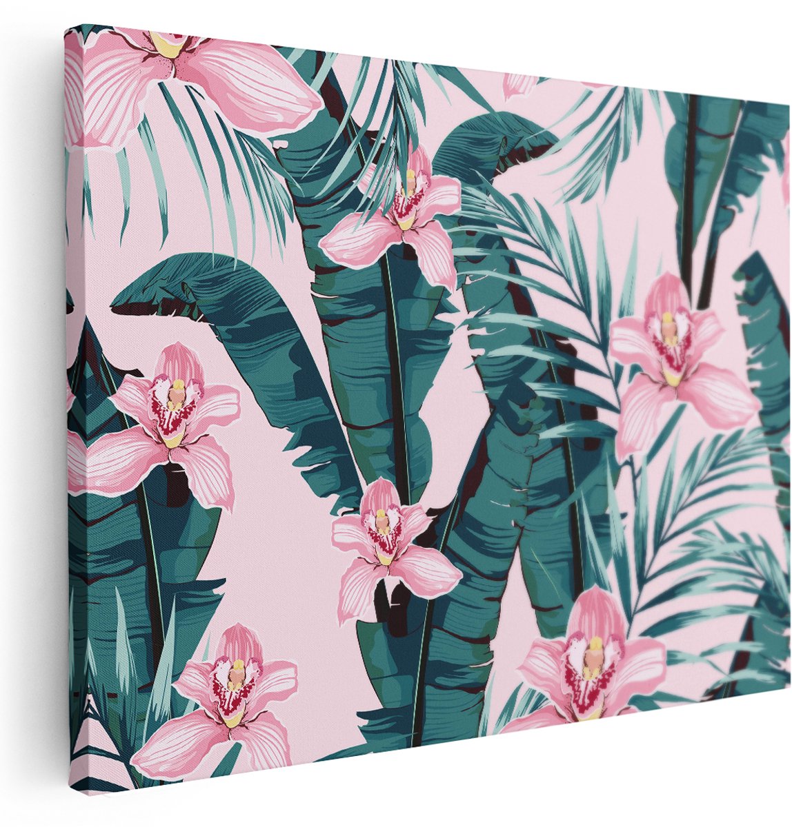 Artaza Canvas Schilderij Tropische Roze Zomer Bloemen Met Bladeren - 160x120 cm - Groot - Wanddecoratie Woonkamer - Schilderijen - Muurdecoratie